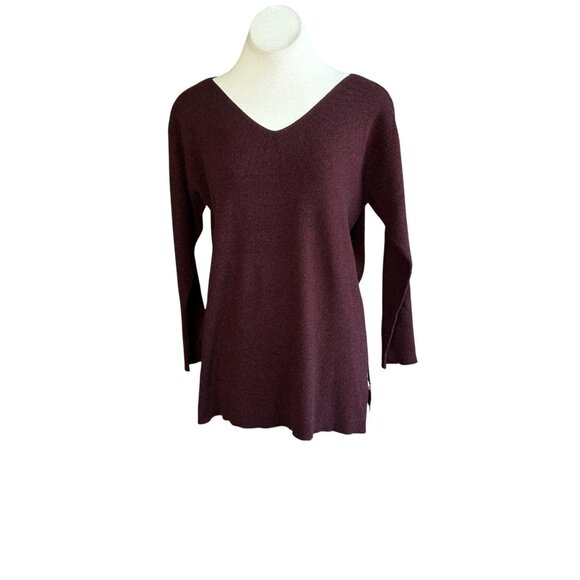 TSE Cashmere Burgundy Black Woven Knit V Neck Tunic Sweater - Picture 2 of 7